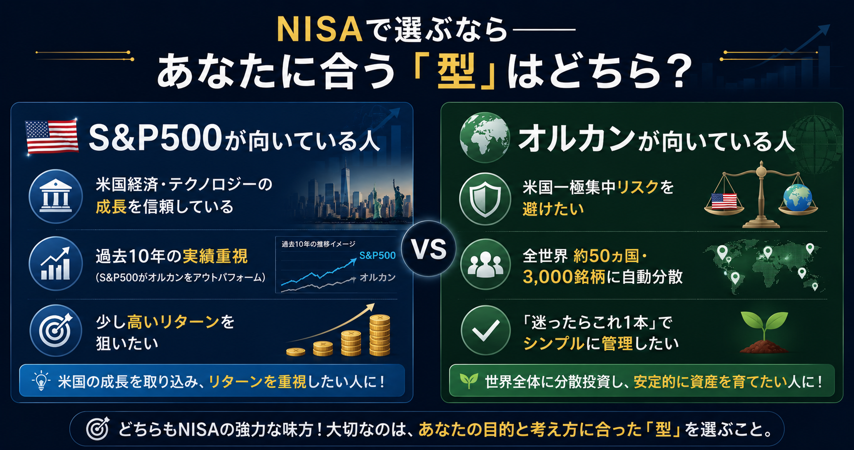 NISAタイプ別——オルカンとS&P500の選び方インフォグラフィック