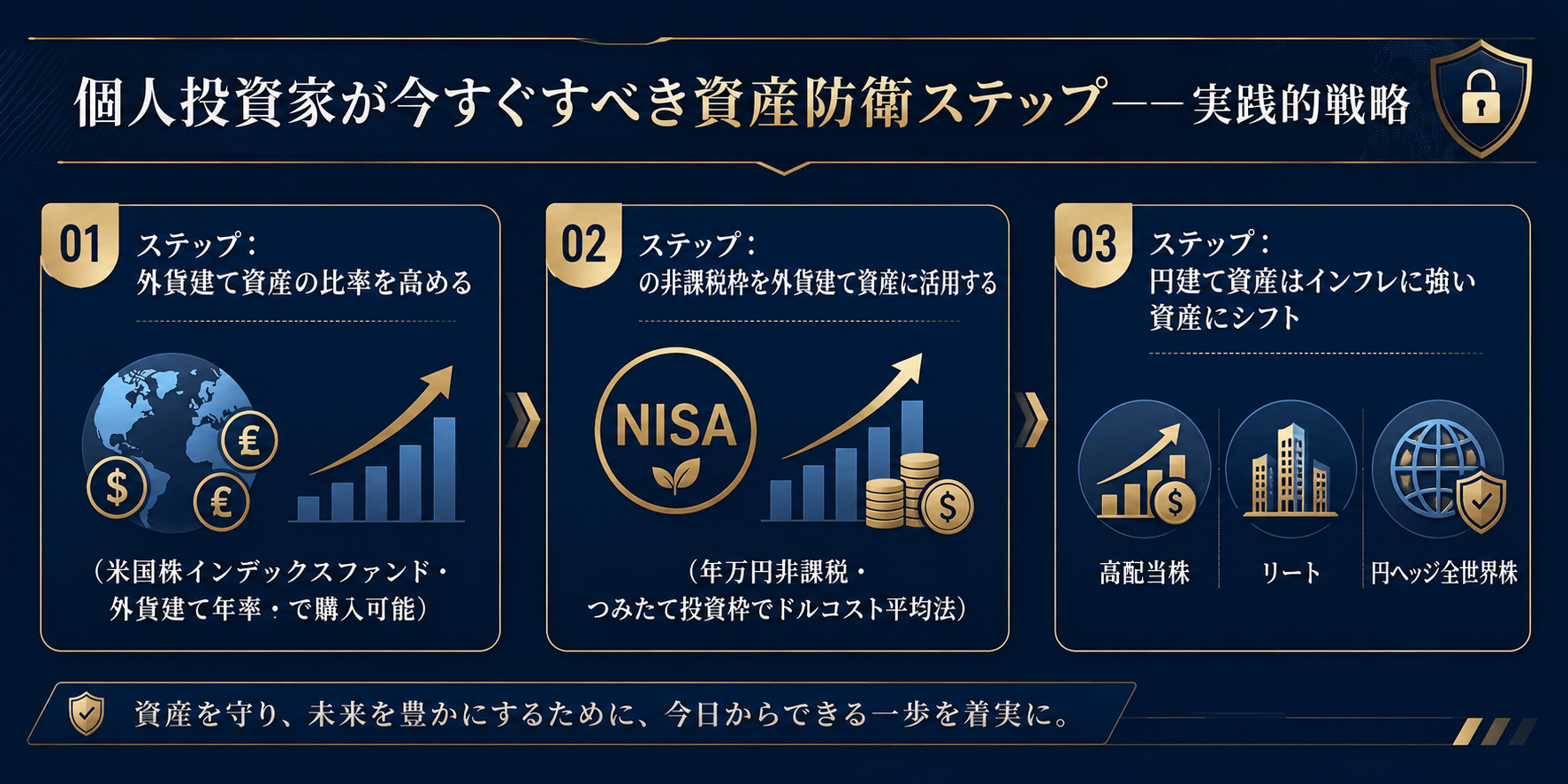 個人投資家が今すぐすべき資産防衛3ステップ インフォグラフィック